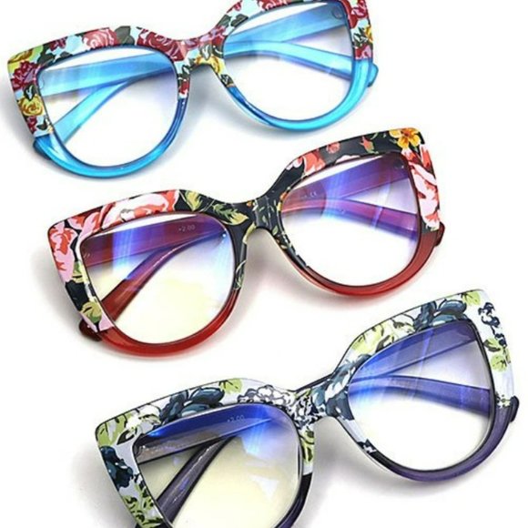 Bevi Accessories - Floral Cat-Eye Blue Light, Readers Set of 3 glasses, +2.0, NIB